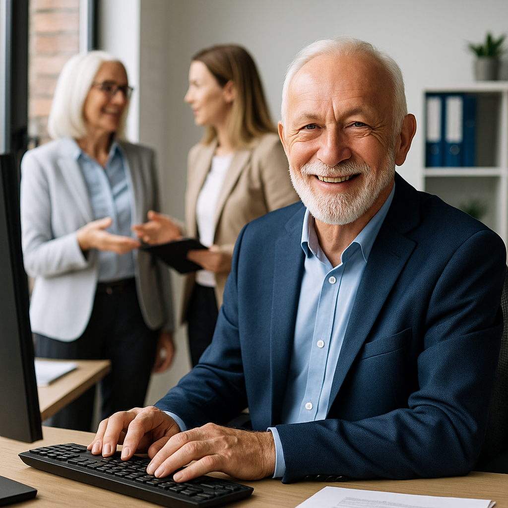 Ein älterer Arbeitnehmer arbeitet lächelnd an einem Computer in einem modernen Büro, während zwei Kolleginnen im Hintergrund miteinander sprechen – Symbol für Aktivrente und Arbeiten im Ruhestand.