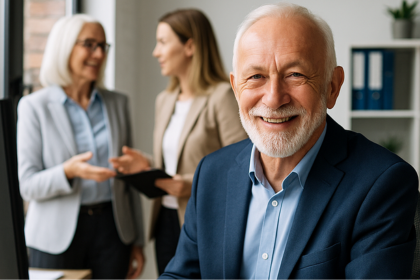 Ein älterer Arbeitnehmer arbeitet lächelnd an einem Computer in einem modernen Büro, während zwei Kolleginnen im Hintergrund miteinander sprechen – Symbol für Aktivrente und Arbeiten im Ruhestand. Ein älterer Arbeitnehmer arbeitet lächelnd an einem Computer in einem modernen Büro, während zwei Kolleginnen im Hintergrund miteinander sprechen – Symbol für Aktivrente und Arbeiten im Ruhestand.