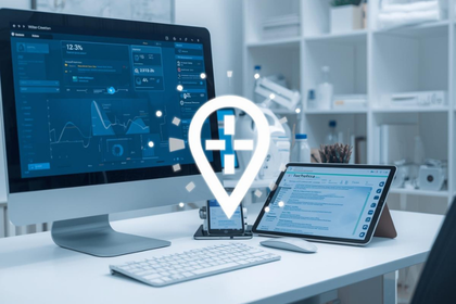 Symbolisches Bild einer modernen Arztpraxis mit Computer, Tablet und medizinischer Software