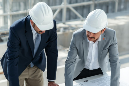 Bauunternehmer und Steuerberater besprechen Unterlagen auf einer Baustelle Bauunternehmer und Steuerberater besprechen Unterlagen auf einer Baustelle