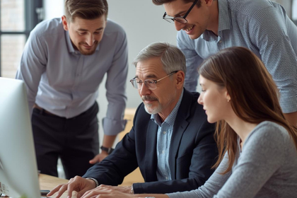 Senior arbeitet im Büro mit jüngeren Kollegen