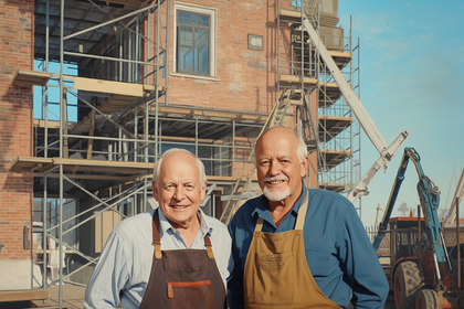 Zwei Generationen eines Handwerksbetriebs stehen gemeinsam vor einer norddeutschen Werkstatt oder Baustelle.
