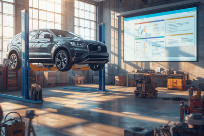 Werkstattszene mit Fahrzeug, Hebebühne und digitaler Belegverwaltung.